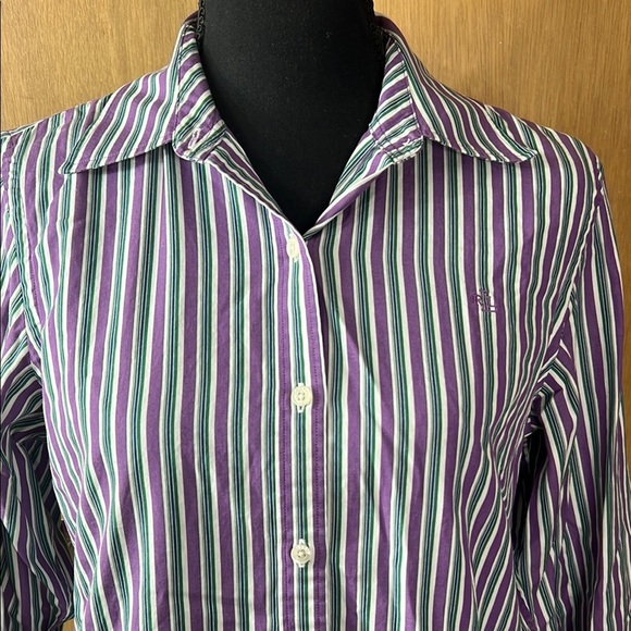 Ralph Lauren Tops - Vintage Ralph Lauren Petite Green and Purple Striped Button Up